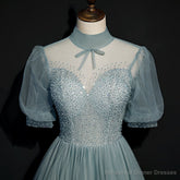 High Quality Beaded Short Sleeves Formal Dress, Tulle A-line Party Dress Prom Dress